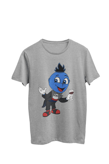 WooHooBerry assuming the role of a wine waiter, dressed in a suave black tuxedo with a white shirt that elegantly displays 'WooHoo.' The gray T-shirt seamlessly blends into the refined and sophisticated scene.